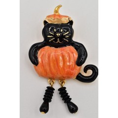 Vintage Black Cat Costume Pumpkin Pin Brooch Halloween Orange Enamel 1980s BinAL
