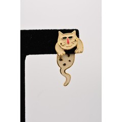 Vintage Cat Earrings Back Front Cool Off White Black Spotted Enamel 1990s BinH