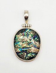 Vintage Sterling Silver Multicolor Dichroic Fused Glass Pendant 1.8″ X 1.03″