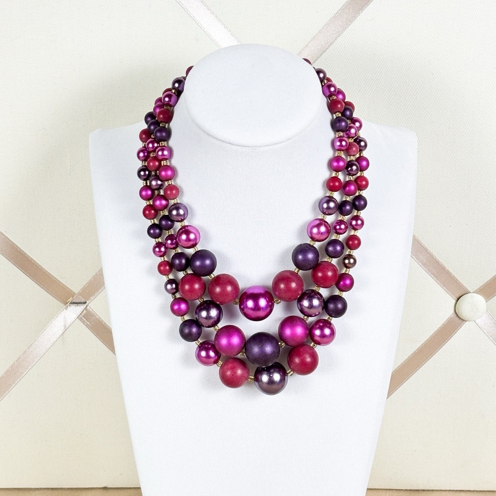 Vintage Signed Japan Purple Metallic Bead Necklace 17in Adjustable B110