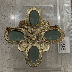 Vintage Gold Tone Translucent Seafoam Green Cabochon Maltese Cross Brooch Pin