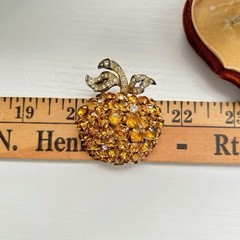 Vintage 1940’s Eisenberg Script E Signed Amber Clear Rhinestone Apple Brooch Pin