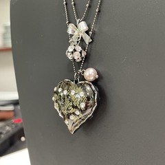 Gothic Betsey Johnson Snake Pattern Glass Heart & Bow Rhinestone Dual Necklace