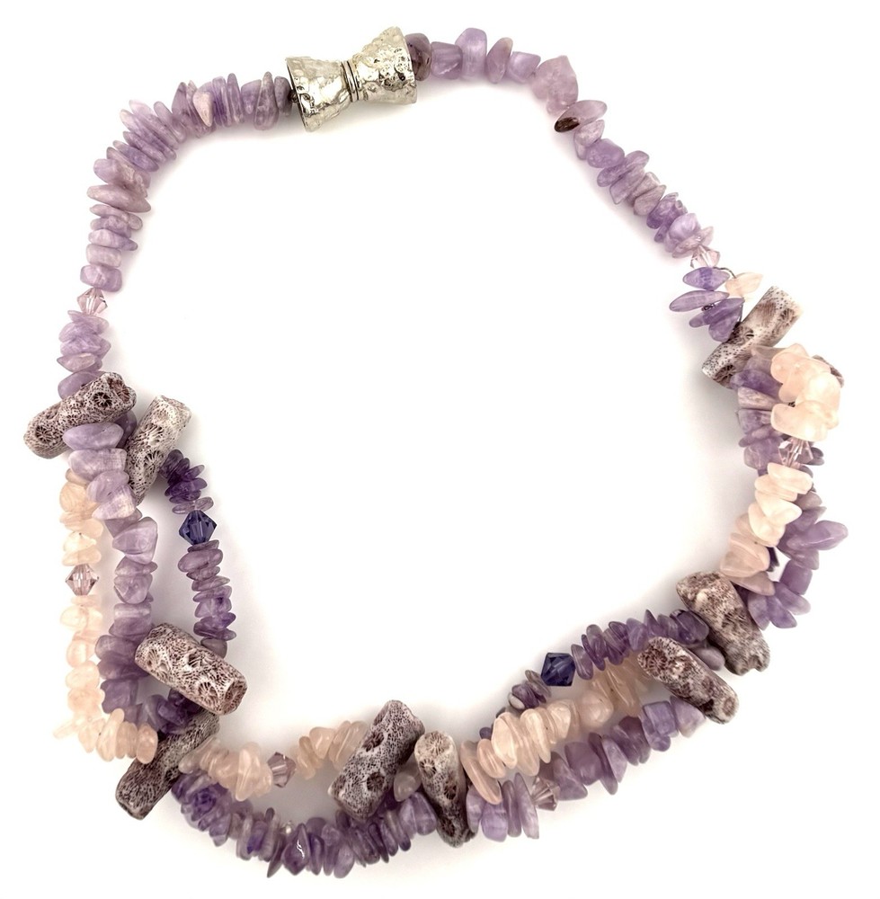 Fossil Coral Amethyst Rose Quartz Multi Strand Necklace Boho 20in