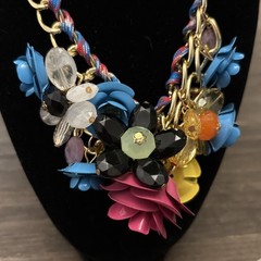 Modern Vintage Colorful Enamel Metal Flower Beaded Statement Necklace 15-17”