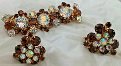 Vintage Juliana DE Topaz AB Crystal Rhinestone 5 link bracelet, brooch, earrings