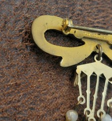 Vintage Bow Pin With Dangling Beads, 1.5 Inches, Brass?