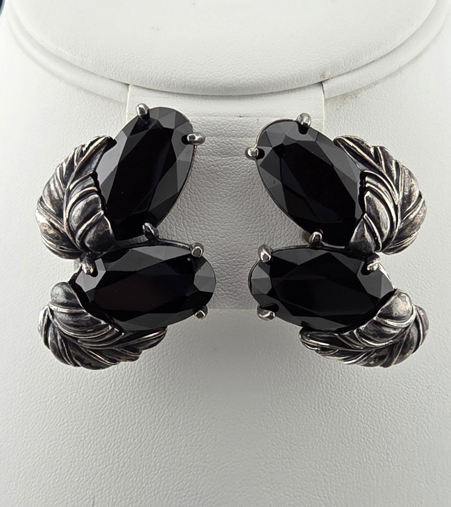 Vintage Signed Schiaparelli Black Glass Leaf Clip-On Earrings Rhodium Plated