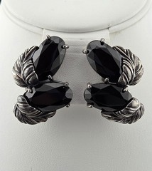 Vintage Signed Schiaparelli Black Glass Leaf Clip-On Earrings Rhodium Plated