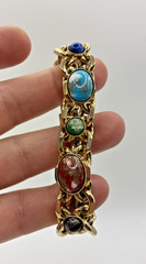 Vintage Bracelet Chunky Gold Tone Multi Color Cabochon Curb Link Safety Chain