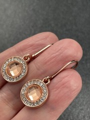 Vintage 1” Faceted Orange Rhinestone Clasp Earrings Rose Gold Metal