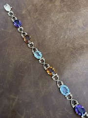 Vintage C.1950s 14Kt Rose Gold Natural Oval Multi-Gemstones Link Bracelet 7.5”in