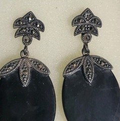 Large Solid Sterling Silver 925 Marcasite Black Onyx Pendant & Earrings
