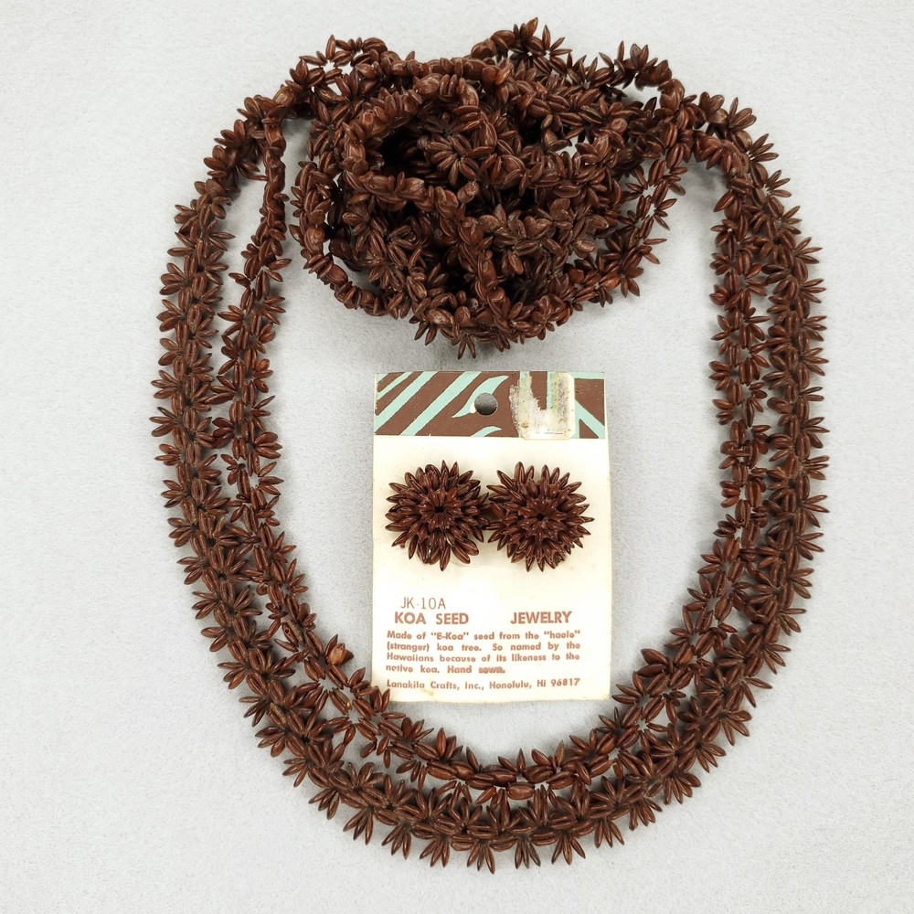 Vintage Koa Seed Necklace Earring Set Brown Long Lei Hawaii Boho Tiki 50″