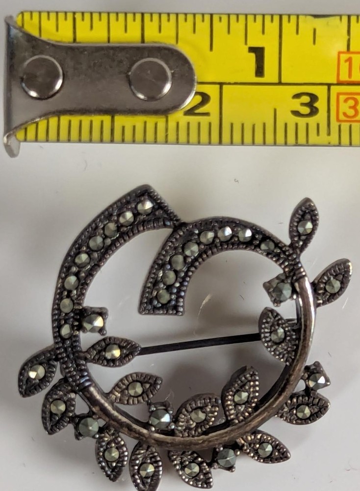 Vintage 925 Sterling Silver Marcasite Floral Brooch Pin Estate 26.6.28-16