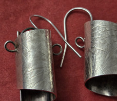 Sterling Silver Hammered Texture Dangle Earrings Cylindrical Unique 1 3/4″ ~ 10g