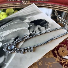 Vtg Sky Blue Rhinestone Necklace – Silver Tone – 14” – Foldover Clasp – c1950s