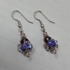 Glass Beaded Dangle Drop Earrings Blue Purple Lampwork Murano Style Pierced 1.5″