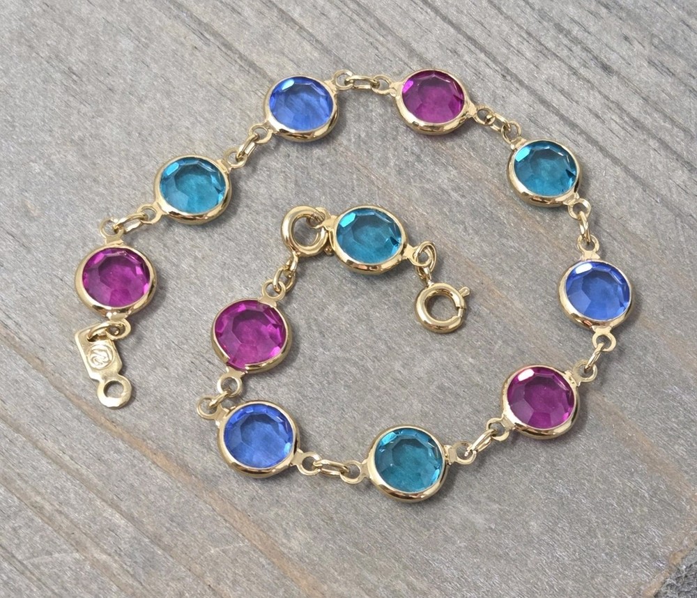 Swarovski Swan Crystal Open Bezel Bracelet Pink Green Blue Gold Tone Vintage
