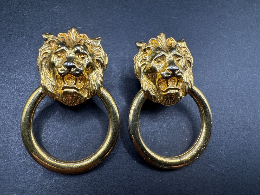 Vintage Gold Tone Lion Head Door Knocker Hoop Stud Dangle Drop Earrings