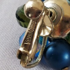 Vtg VENDOME Gold Faux Pearls Blue Glass Balls Beads Clip On Earrings