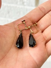 Vtg Smoky Quartz Glass Teardrop Pendant Screw Back Earrings Sterling Gold Plated