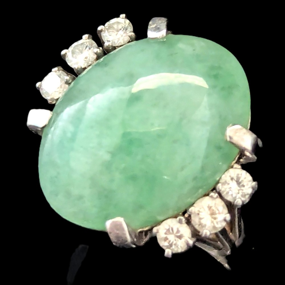 Vintage Jade Diamonds 14k White Gold Cocktail Ring Statement Estate Gift Retro