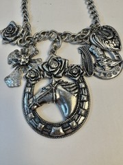 Chunky Horse Cross Rose Boot Charm Necklace Silver Tone Adjustable Length
