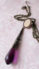 Vintage Necklace Art Nouveau Lavalier Pendant Antique Amethyst Czech Glass