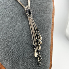 Vintage 925 Sterling Silver & Onyx Southwestern Lariat Necklace Liquid Silver