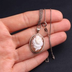 Vintage Silver 835 Necklace with Rose Carving Handcrafted Shell Pendant 1930s
