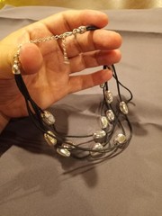 Avon Multistrand Nugget Necklace Silver Black Corded Silvertone 18″ Fancy
