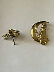 Assorted Animal Gold Toned Pin and Brooch (Dragonfly and Cat with Moon)