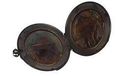 Vintage Art Nouveau Tin Compact/Pendant Locket Peacock & Goddess