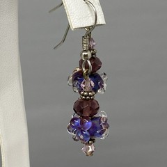 Glass Beaded Dangle Drop Earrings Blue Purple Lampwork Murano Style Pierced 1.5″