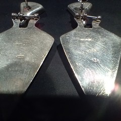 VTG 925 Sterling Modern Art Deco Design Onyx Inlay Drop Post Earrings Triangular