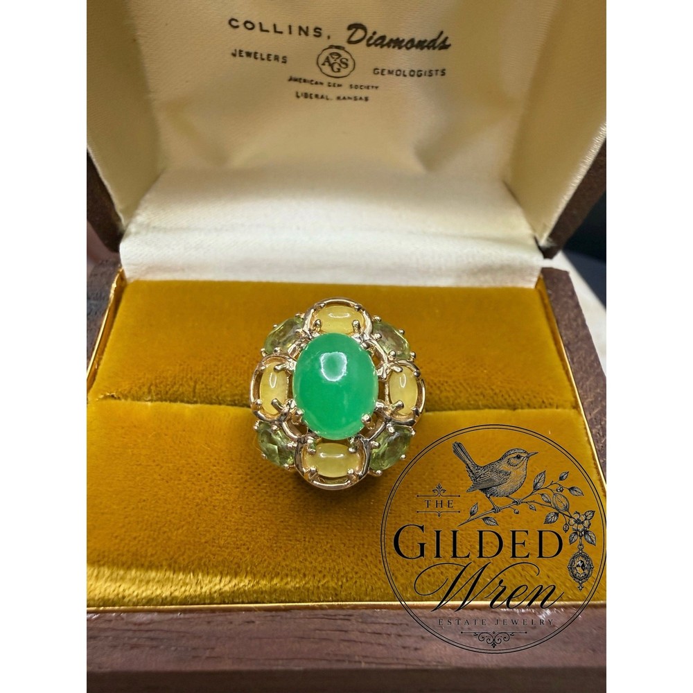 Vintage 14K Gold Jade & Tourmaline Estate Cocktail Ring | Size 7 | 4.94g