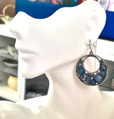 Boho Dark Silver Tone Round Open Circle Blue Bead 1.5″ Drop/Dangle Earrings