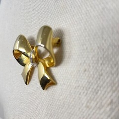 Gold-Tone Bow Brooch With Rhinestone Accents Marked