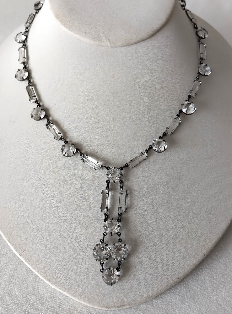 Art Deco 1920s Open Back Crystal Rhinestone Necklace Silver Tone Drop 15″