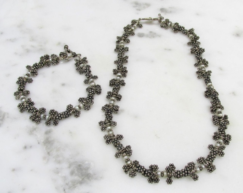 SAKI Vintage Sterling Silver Textured Bracelet & Necklace Set ~ 74grams ~ 7-A369
