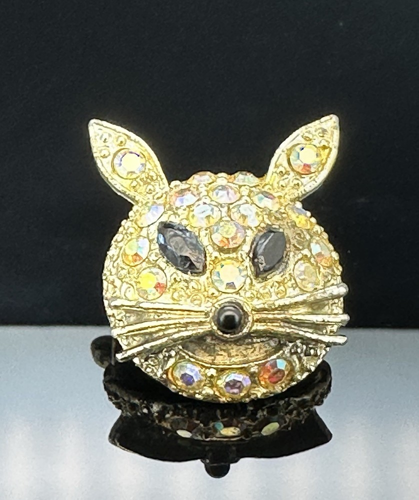 VTG Cat Head Rhinestone Studded Aurora Borealis 1″ Brooch Pin