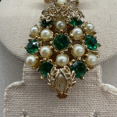 Vintage Brooch Pendant Imitation Pearl Green Rhinestones 2.5 Inches
