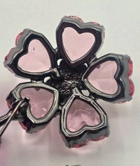Double Flower Pink And Green Lucite Brooch, Black (Japaned) Colored Metal