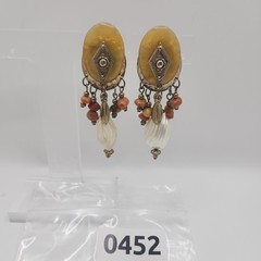 Vintage Boho Mother of Pearl Stone Beaded Dangle Clip On Earrings Yellow Tribal