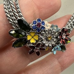 Multi Strand Enamel Rhinestone Slide Pendant Necklace Silver Tone 16-21”