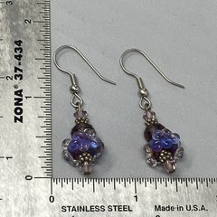 Glass Beaded Dangle Drop Earrings Blue Purple Lampwork Murano Style Pierced 1.5″