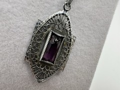 Antique Lavalier Pendant Purple Glass White Gold Plated Filigree Damaged READ
