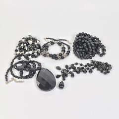 Lot of 5 Black Necklaces Some Vintage Glass Plastic Silver Tone Metal