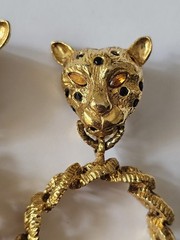 Vintage GRAZIANO signed gold tone Leopard Head Designer Runway Earrings Chunky